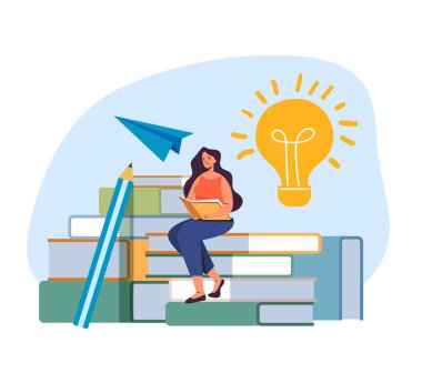 İnternette e-kitap okuma konsepti eğitiyorum. Vektör düz grafik tasarım çizimi