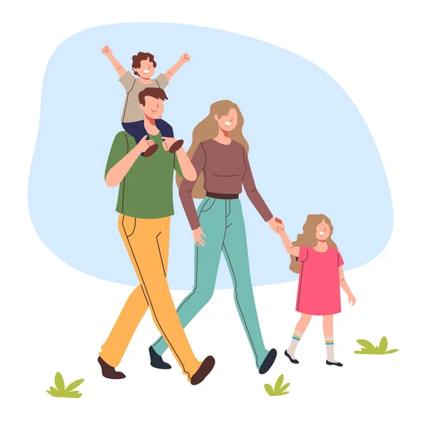 Personagens Familiares Felizes Andando Juntos Conceito Ilustração Design Gráfico Plano —  Vetores de Stock