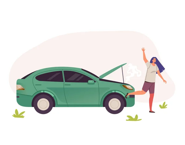 Personaje Mujer Llamando Ayuda Cerca Coche Roto Ilustración Diseño Gráfico — Archivo Imágenes Vectoriales