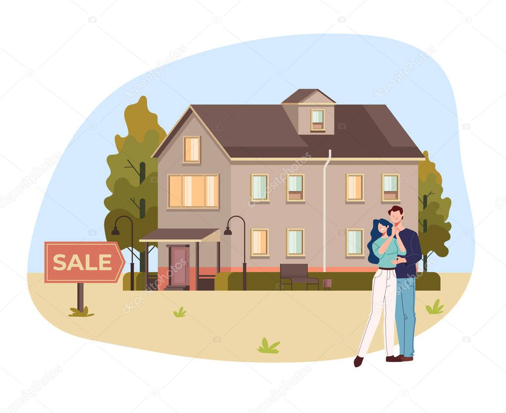 Happy husband and wife couple character buying house. Vector flat graphic design illustration