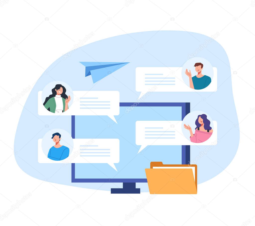 People friends character chatting together. Online communication concept. Vector flat graphic design illustration