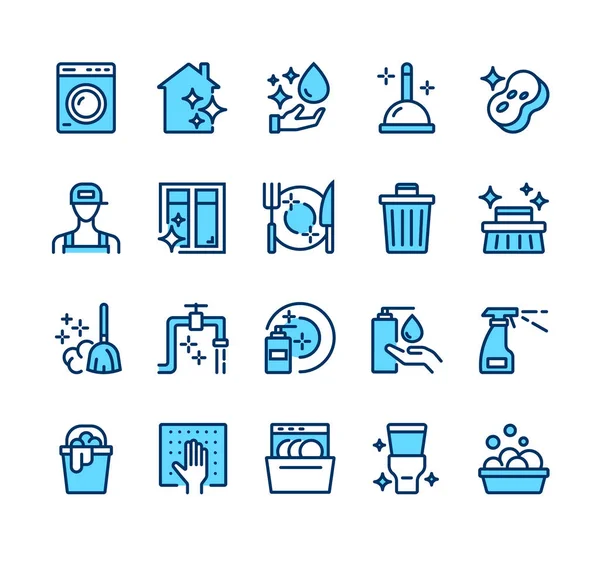 Limpieza Limpieza Línea Lavado Icono Conjunto Aislado Diseño Gráfico Plano — Vector de stock