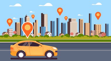 Taksi şehri mobil internet navigasyon konumu konsepti. Vektör düz çizgi film grafik tasarım çizimi