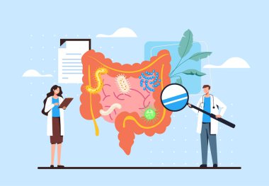 Bağırsak teşhisi araştırma enfeksiyonu tıp konsepti. Vektör düz çizgi film grafik tasarım çizimi