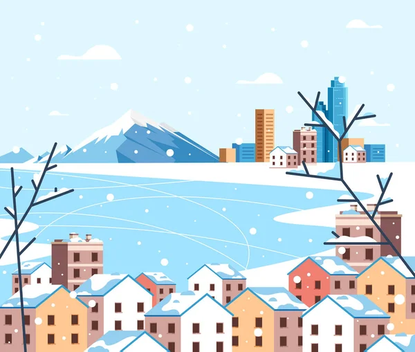 Zimní Město Střecha Sněžení Koncept Vektor Plochý Kreslený Grafický Design — Stockový vektor