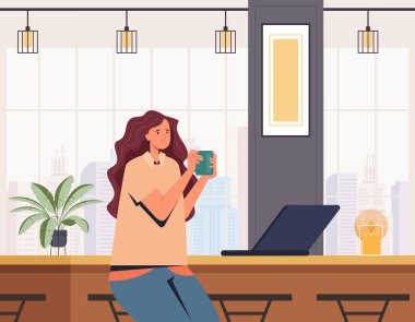 Kafe bar konseptinde tek başına kahve içen iş kadını karakteri. Vektör düz çizgi film grafik tasarım çizimi