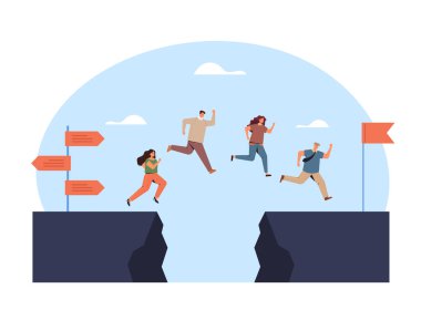 İş adamları ofis çalışanları ekibi rock konseptine atladı. Vektör düz grafik tasarım çizimi