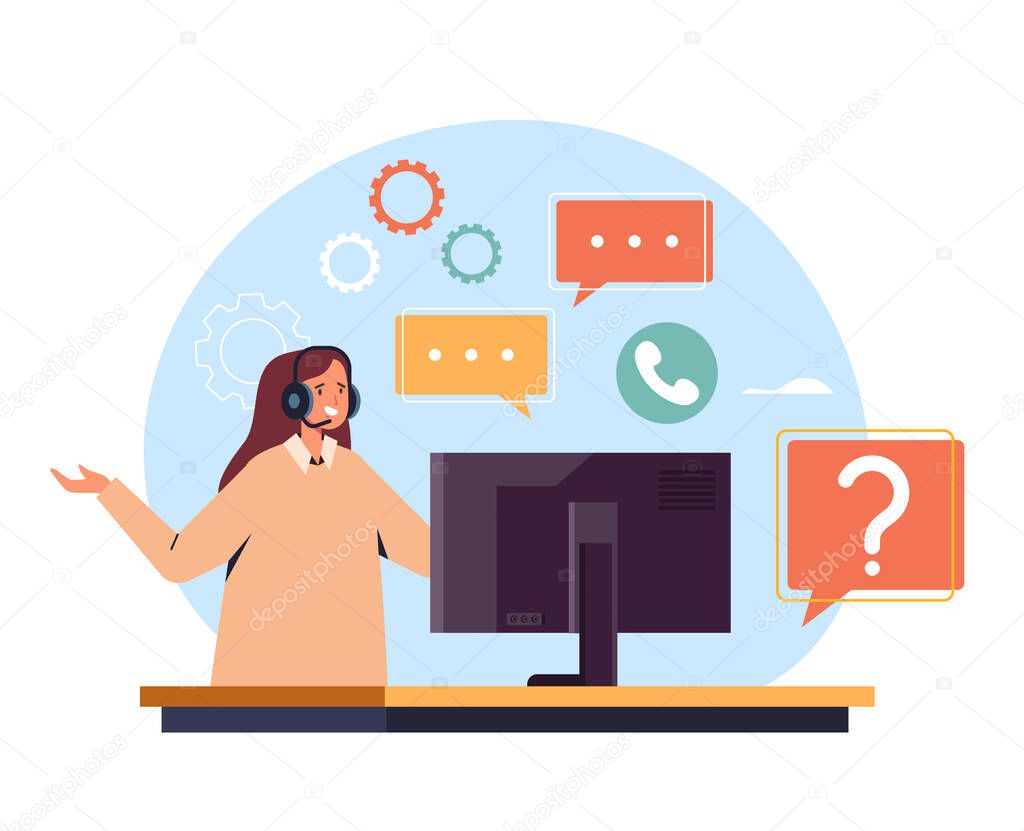 Customer service operator phone call support concept. Vector flat graphic design illustration