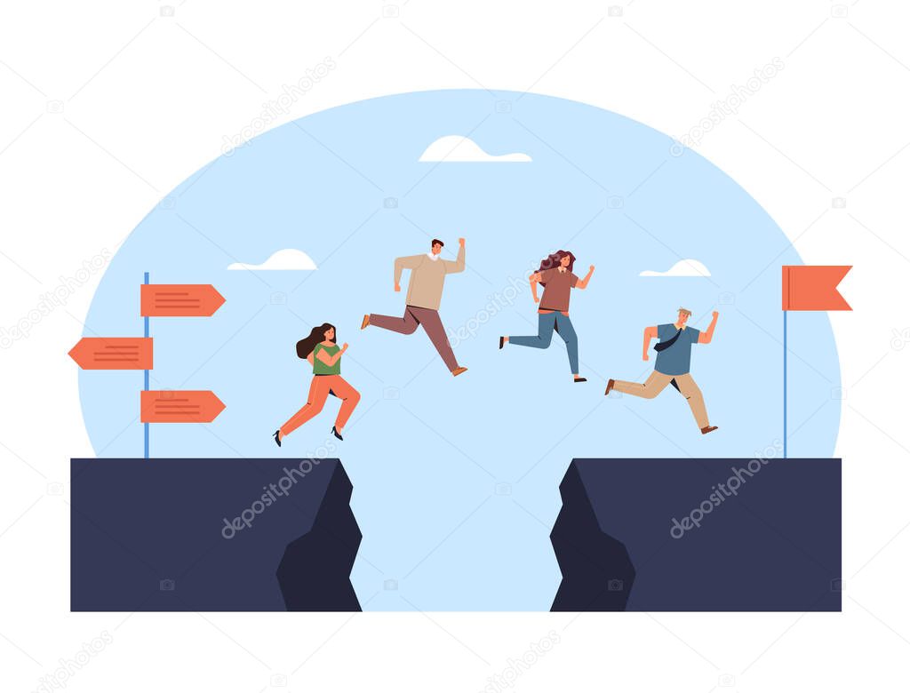 Business people office workers team jump over rock concept. Vector flat graphic design illustration