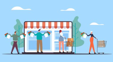 Alışveriş yapan ve çanta taşıyan kadın karakterler. İnternet üzerinden alışveriş konsepti. Vektör düz grafik tasarım çizimi