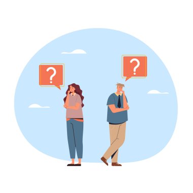 Kadın ve erkek karakterler ofis çalışanları iş adamları düşünüyor. Vektör düz grafik tasarım çizimi