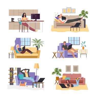 İnternet üzerinden evde çalışan ve rahat iç mekanlarda bilgisayar bilgisayarı kullanan serbest çalışanlar. Karantina konsepti. Vektör düz grafik tasarım çizimi