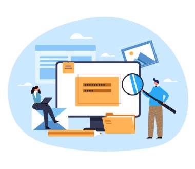 İçerik yönetimi blogunda reklam stratejisi analizi kavramı. Giriş parolası web sitesi konsepti. Vektör düz grafik tasarım çizimi