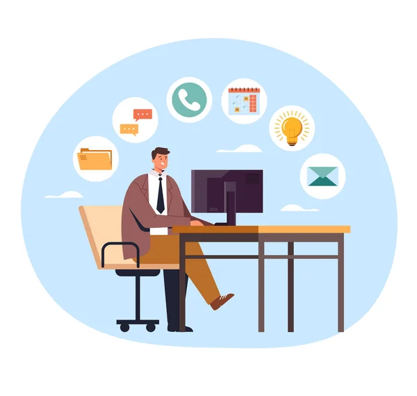 Man Office Worker Businessman Working Workplace Many Tasks Multitasking Concept — Stock Vector