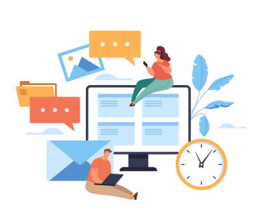 İnternet bilgisini online olarak kullanan insanlar. Vektör düz grafik tasarım çizimi