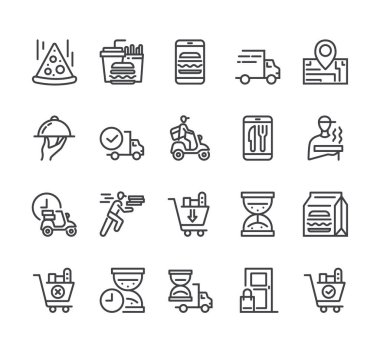 İnternetten yemek dağıtma konsepti. Düz çizgi ince izole simge seti