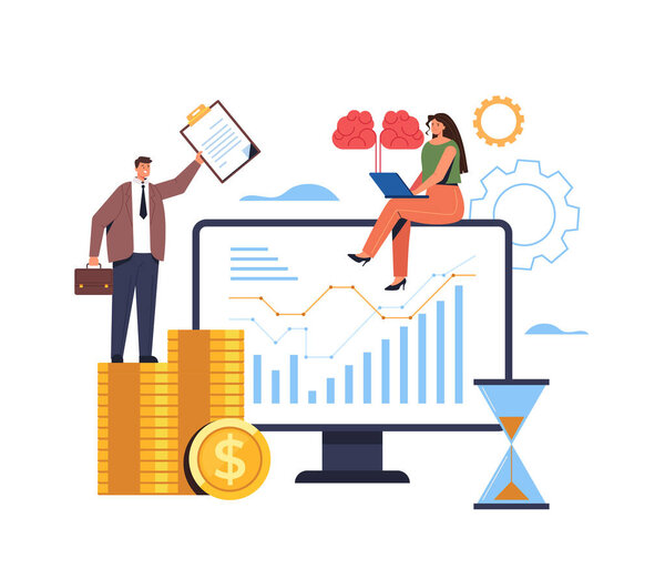 Финансовая бизнес-аналитика SEO статистика исследования маркетингового управления мозгового штурма концепции. Векторная плоская графика