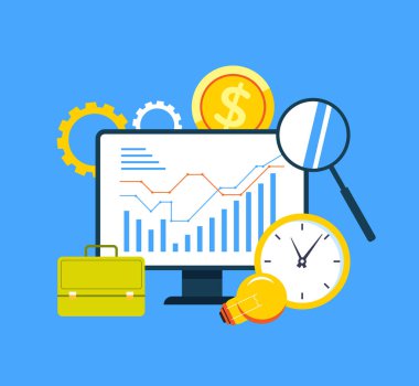 Girişim yeni bir strateji geliştirme finansal analitik organizasyon planlama konsepti başlatır. Vektör düz grafik tasarım çizimi