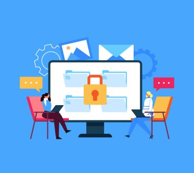 Güvenli internet veri transferi bilgi iletisi kilitlenmiş konsept. Vektör düz grafik tasarım çizimi