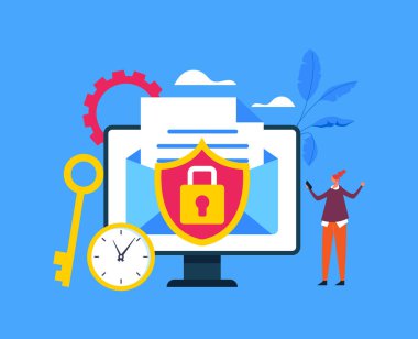 Çevrimiçi internet iletişimi mesaj zarfı konseptini kilitledi. Vektör düz grafik tasarım çizimi