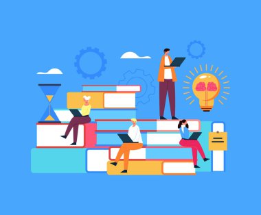 Öğrenci karakterleri kitap okuyor. Eğitim öğrenme konsepti. Vektör düz grafik tasarım çizimi