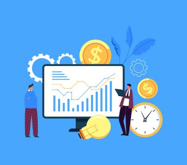 Finansal iş analizi seo istatistik araştırma pazarlama yönetimi beyin fırtınası konsepti. Vektör düz grafik tasarım çizimi