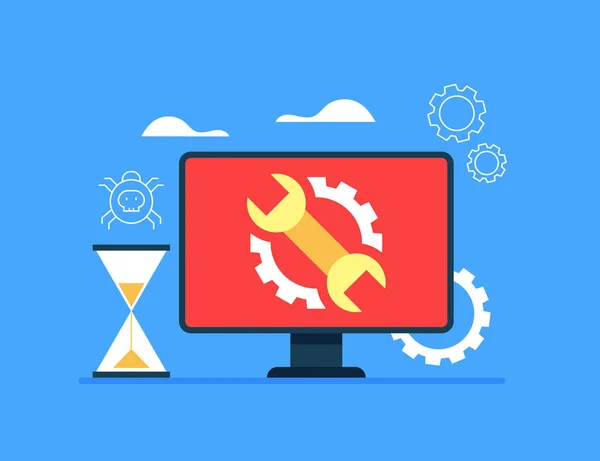 モニター画面上のレンチとギアアイコンを持つラップトップコンピュータ コンピュータ修理診断サポートの概念 ベクターフラットグラフィックデザインイラスト — ストックベクタ