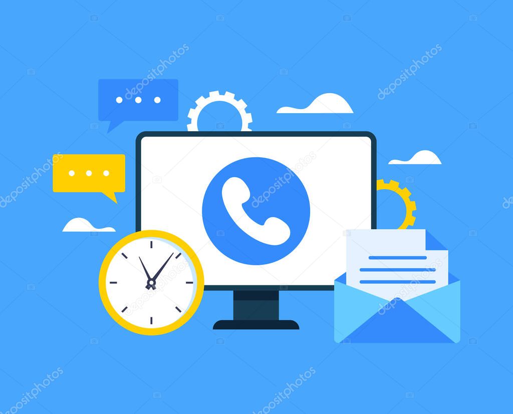 Laptop computer pc with phone call icon on screen. Online internet support hotline concept. Vector flat graphic design illustration