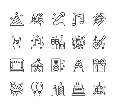 Festival selebration konser partisi disko dansı düz siyah ince çizgi darbesi ikon setini izole etti