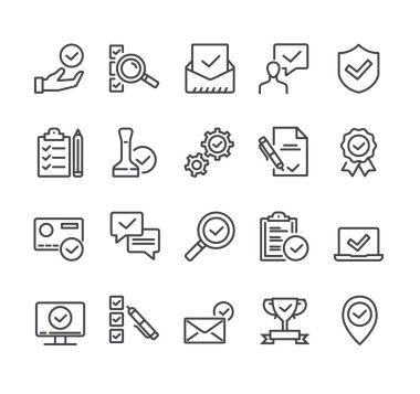 Test tiki onay işaretini kontrol et. Düz çizgi ince izole simge seti