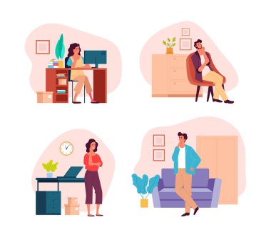 Kadın karakterler evde kalır ve hayal kurar. Vektör düz grafik tasarım çizimi