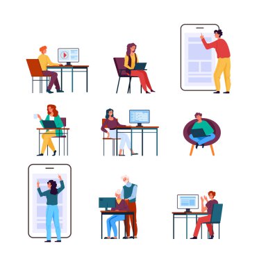 Serbest çalışanlar, evde çalışan ve laparotomi ve akıllı telefon kavramını kullanan işçiler. Vektör düz grafik tasarım çizimi