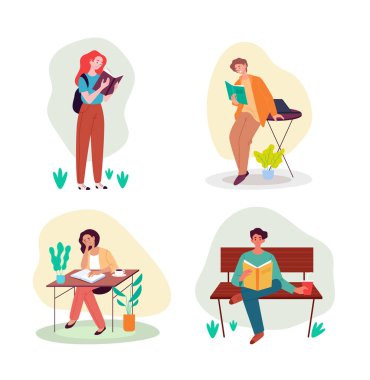 İnsan karakterleri, kitap okuyan izole öğrenci seti. Vektör çizgi film düz grafik tasarım illüstrasyonu