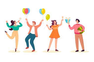 Happy people dancing smiling giving gifts and celebrate holydays isolated set. Vector flat graphic design illustration