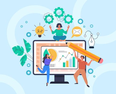 Ekip elemanları iş geliştirme projesi. Strateji yönetimi konseptini başlat. Vektör düz grafik tasarım çizimi