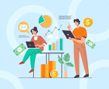 Muhasebeci iş adamları işçi karakterleri takım konsepti. Vektör düz grafik tasarım çizimi