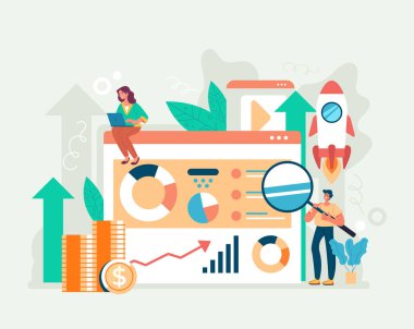 İnternet üzerinden trend izleme yeni iş kurma kavramı. Vektör düz çizgi film grafik tasarım illüzyonu