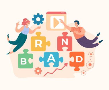 Marka geliştirme reklam konsepti. Vektör düz grafik tasarım çizimi