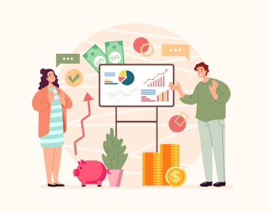 Finans müdürü kadın tüketiciye danışmanlık yapıyor. Finansal danışman konsepti. Vektör düz grafik tasarım çizimi