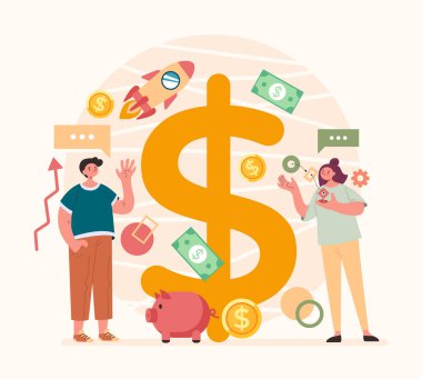 Başarılı bir iş, para takımı kurma konsepti. Vektör düz grafik tasarım çizimi