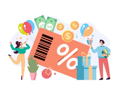 Sadakat kredi kartı programı büyük indirim indirimi müşteri hizmetleri konsepti. Vektör düz grafik tasarımı çizgi film midern biçimi illüstrasyonu