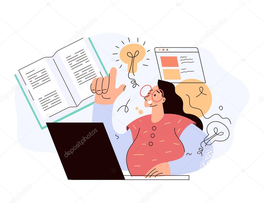 Woman student character reading book online and learning. Online internet web education e-learning reader library concept. Vector flat graphic design cartoon midern style illustration 