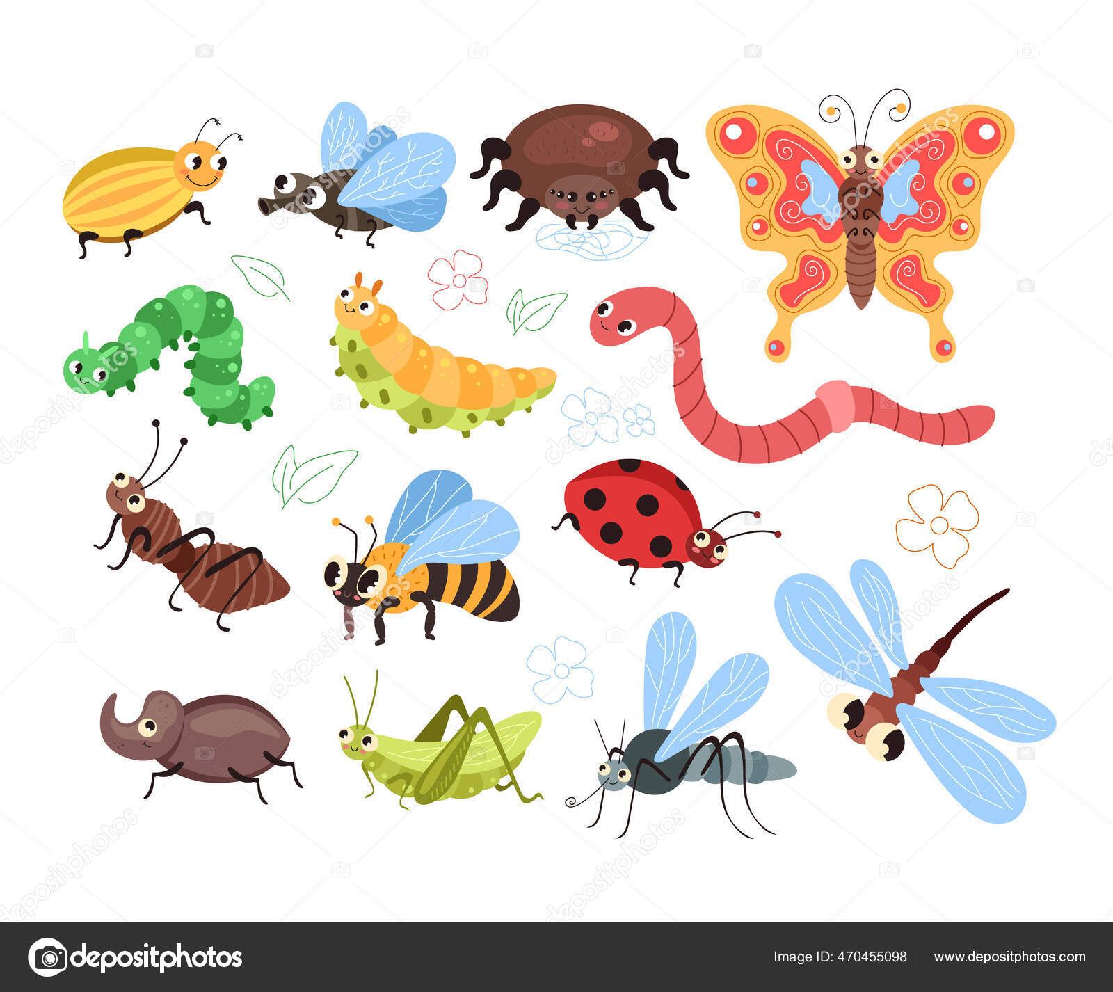 Beetles Insects Caterpillars Worm Ant Spider Butterfly Mosquito Bee  Isolated Stock Vector by ©prettyvectors 470455098