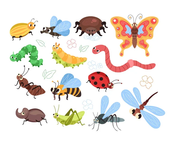 Coléoptères Insectes Chenilles Vers Fourmi Araignée Papillon Moustique Abeille Ensemble — Image vectorielle