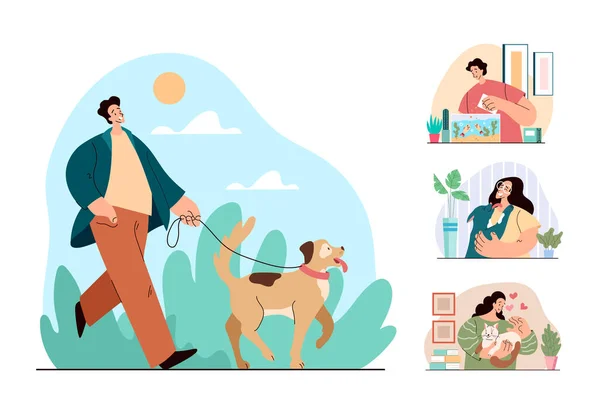 People Man Woman Characters Happy Pets Dog Cats Fish Isolated — Stock Vector