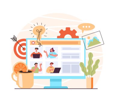 Video konferansı çevrimiçi takım çalışması sohbeti. İnternet web iletişim eğitimi konsepti. Vektör düz grafik tasarımı modern biçim illüstrasyonu