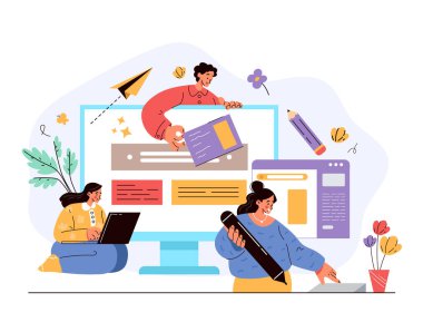 Ekip çalışanları yeni proje konsepti üzerinde çalışan işçi karakterleri. Vektör düz çizgi film modern biçim grafiksel illüstrasyon