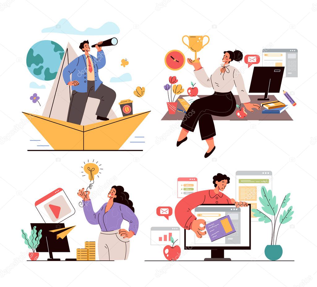 Business office people team winners working and development new project concept. Vector flat cartoon modern style graphic illustration