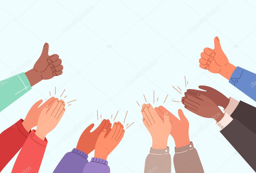 Human hands clapping banner with text place concept. Vector flat cartoon modern style graphic illustration
