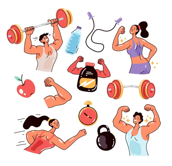 People Man Woman Characters Exercising Sport Gym Bodybuilding Athletic Workout — Stock Vector